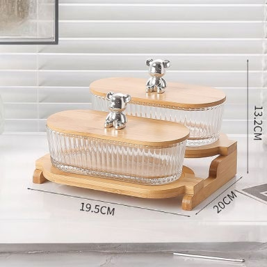 2 Jars 2 Tier Glass Snacks Serving Bowls Set Platters With Bamboo Wooden Tray Stand Rack And Lids For Dessert, Fruit, Vegetables, Appetizer, Cake, Candy, Chip Dip Food Storage- Clear