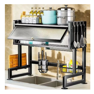 2 Tier Rack Steel Dish Drainer (105 Cm) Organizer with Cover for Kitchen Shelf, Expandable Above Sink Storage Organization, Sink Dish Drainer Drying Rack, Space Saving Dish Rack
