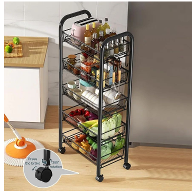 Fruit Vegetable Storage Basket, 5 Tier Stackable Metal Mesh Storage Basket with 360 Degree Wheels Fruit Vegetable Produce Basket Storage Organizer for Kitchen, Pantry, Bathroom Black