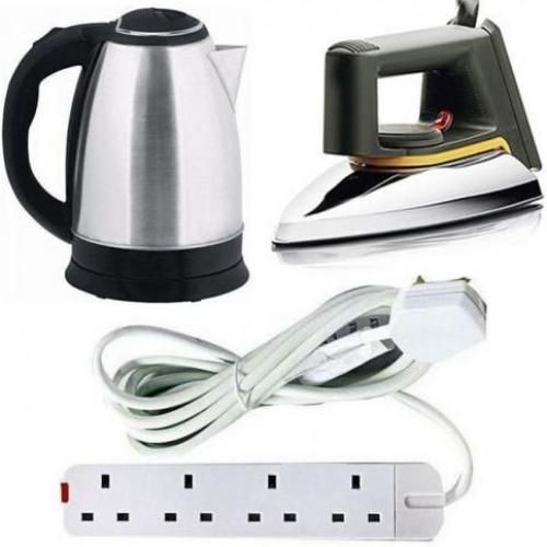 Saachi Bundle Of Flat Iron 2L Kettle & 4 Way Extension Cable-Silver