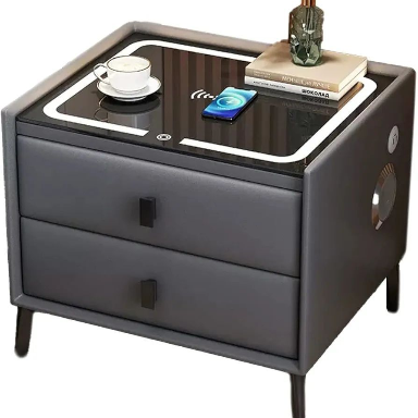 Smart Bedside Table Bedroom Bedside Cabinet,with Wireless Charging Station and Lights, Modern Nightstands with 2 Storage Drawers,Bluetooth Speaker Side Table